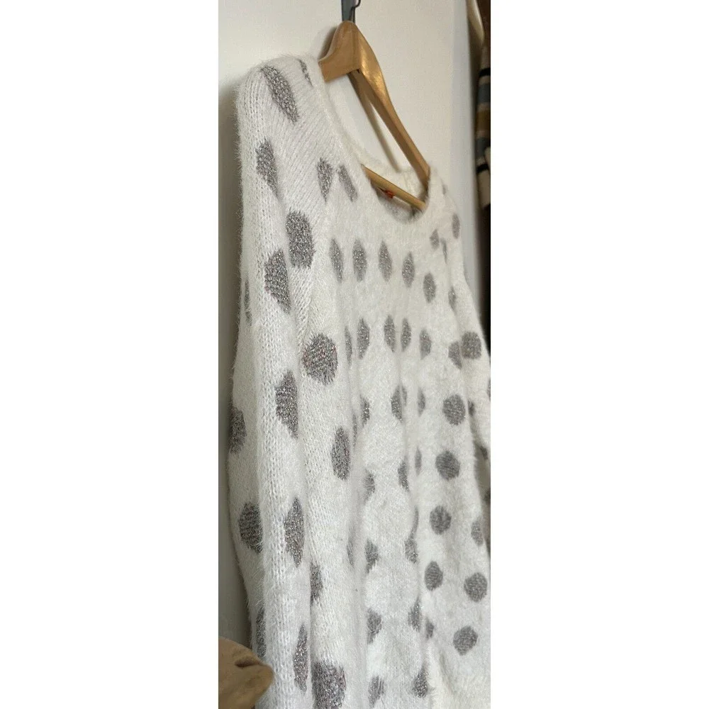Modcloth White with Metallic Multicolored Polka Dot Fuzzy Sweater Size S…